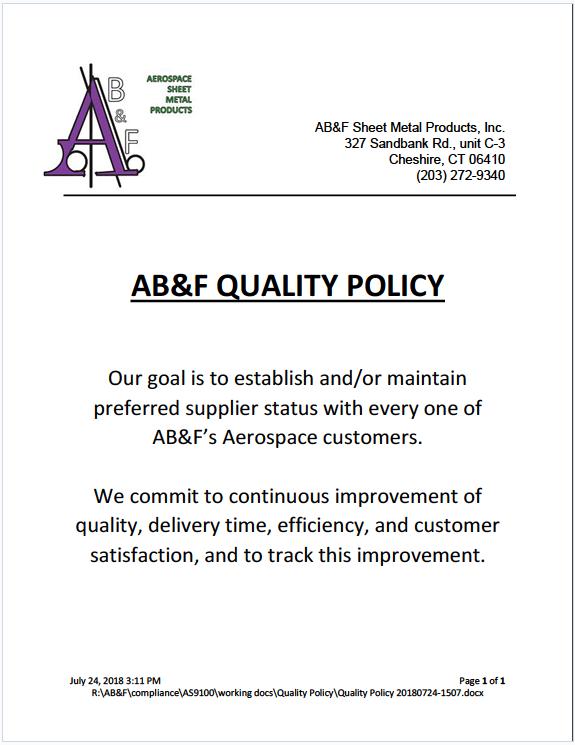 AB&F Sheet Metal Qualiy Policy
